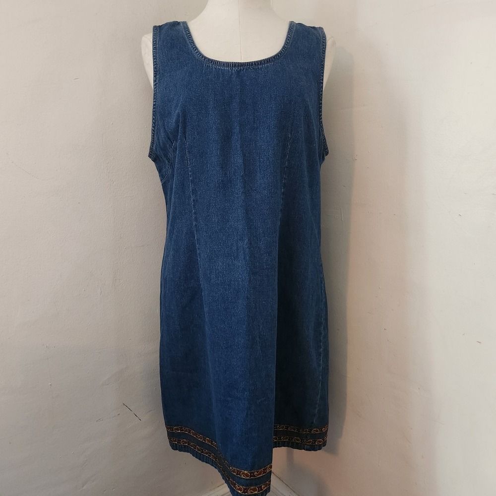 Eric Charles Womens Blue Denim Paisley Trim Sleeveless Shift Dress Large Vintage